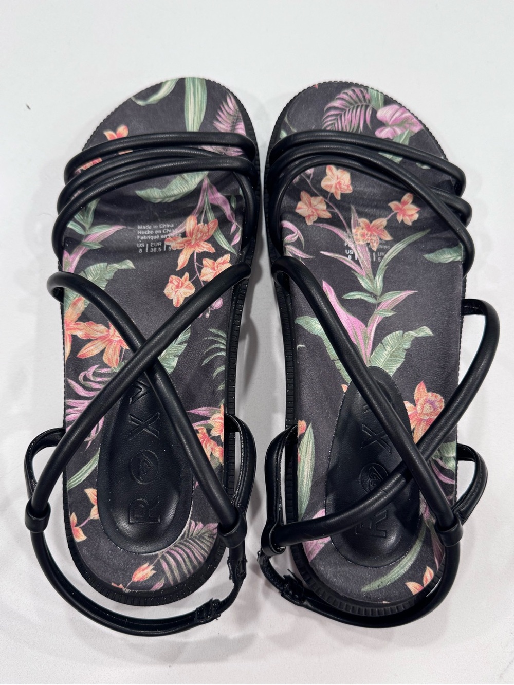 Roxy Floral Strappy Sandals Size 8 Black Tropical EU 38.5